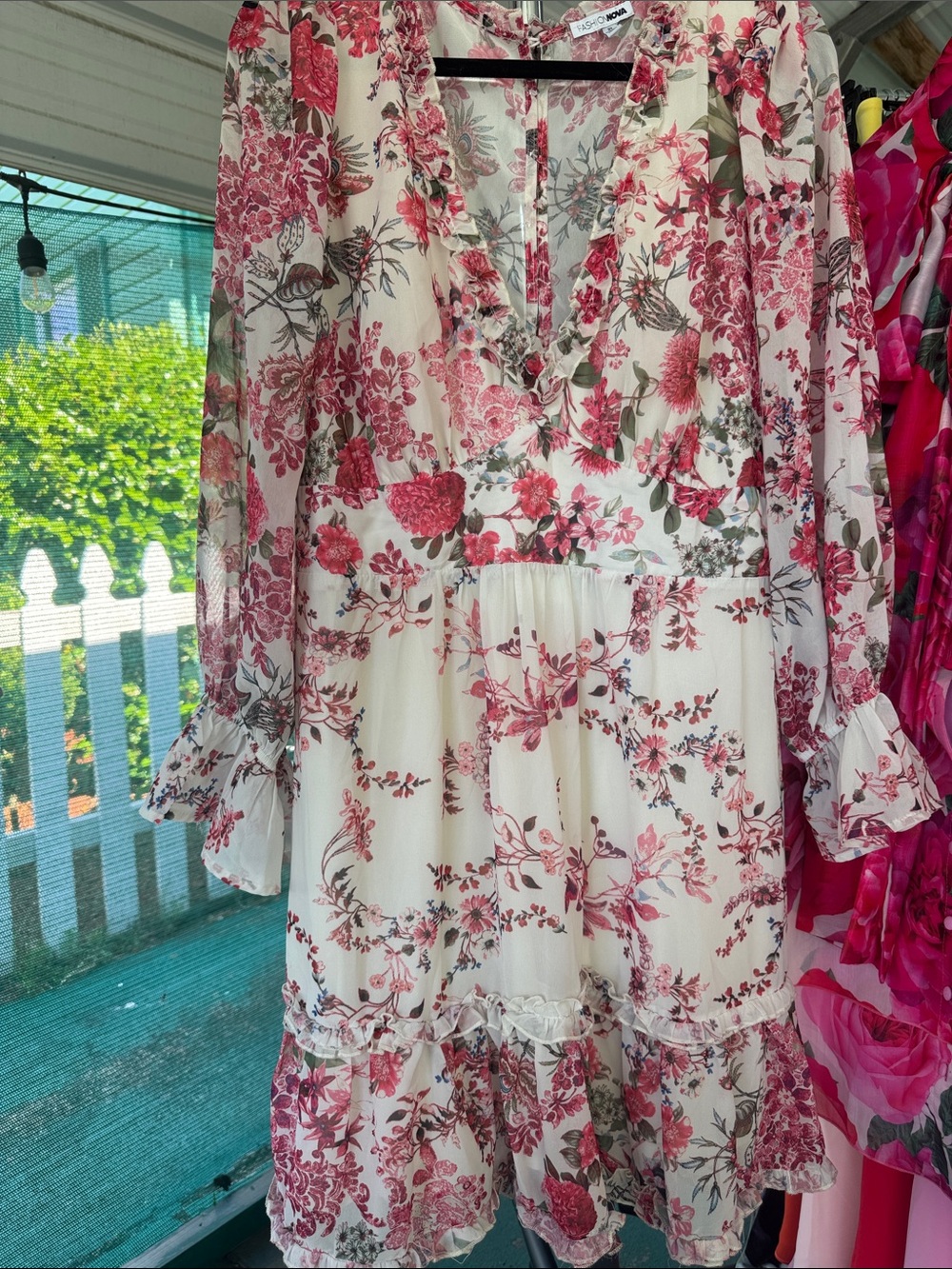 Fashion Nova Cream Floral Midi Dress with Pink Red Print